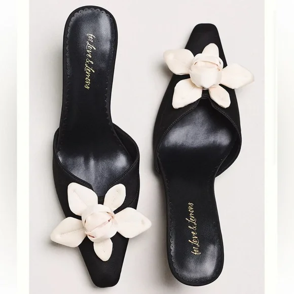 FOR LOVE & LEMONS 🍋 CLAUDINE BLACK SATIN FLORAL ROSETTE KITTEN HEELS - Picture 15 of 15